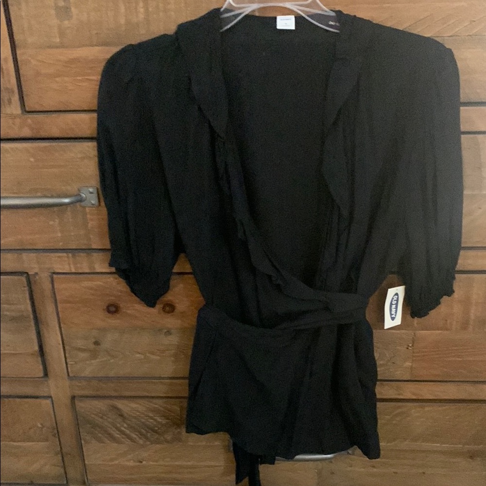 Old Navy Black Wrap Eyelet Blouse with Notched Collar.